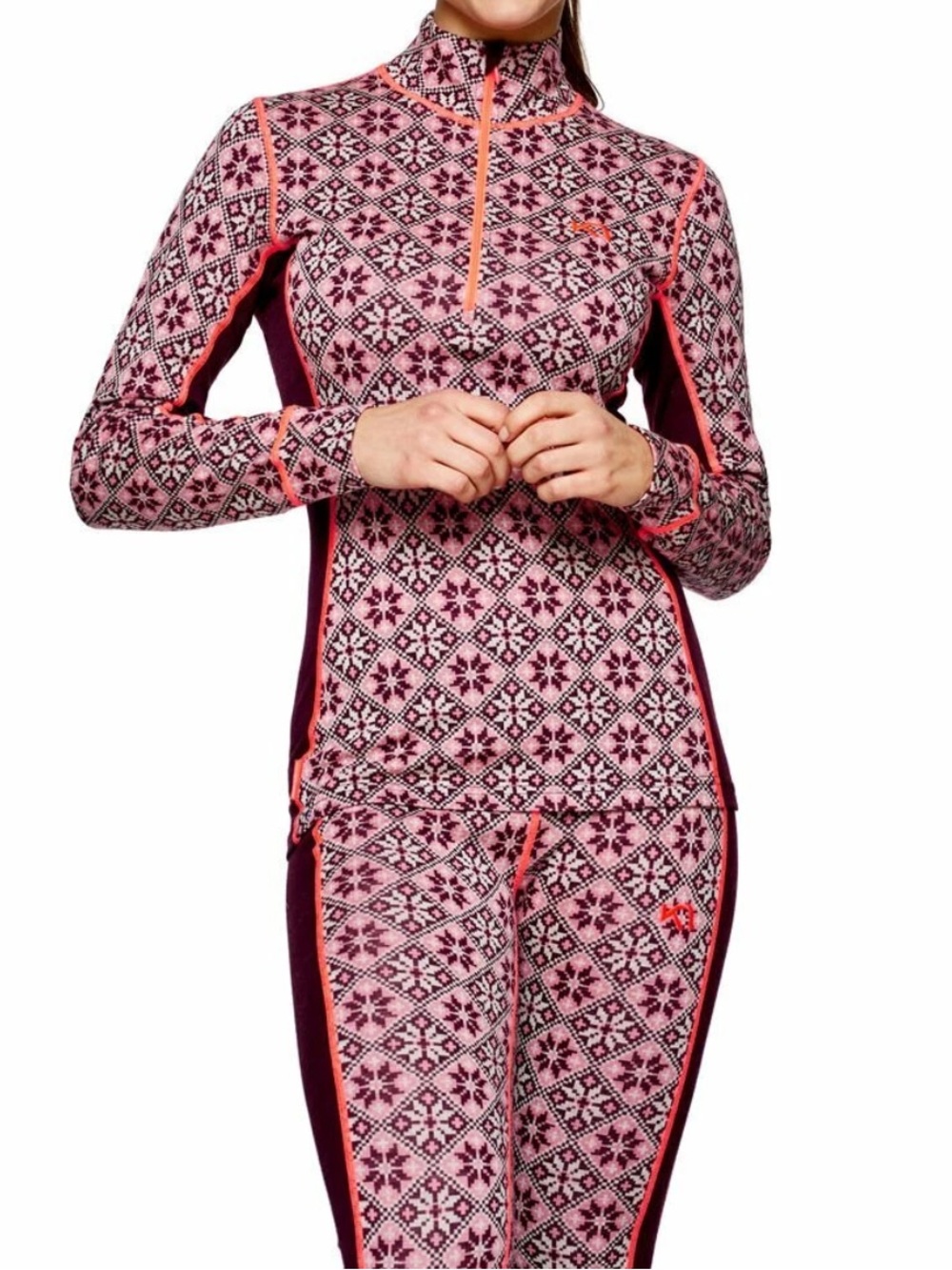 Kari Traa ROSE Jam M 1/2 zip top & bottom pink/burgundy base layers 100% Merino
